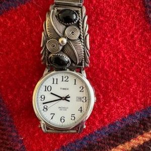 Navajo designed and crafted watch band with onyx stones on SS